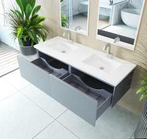 Vitri 60" Fossil Grey Double Sink Bathroom Vanity with VIVA Stone Solid Surface Countertop